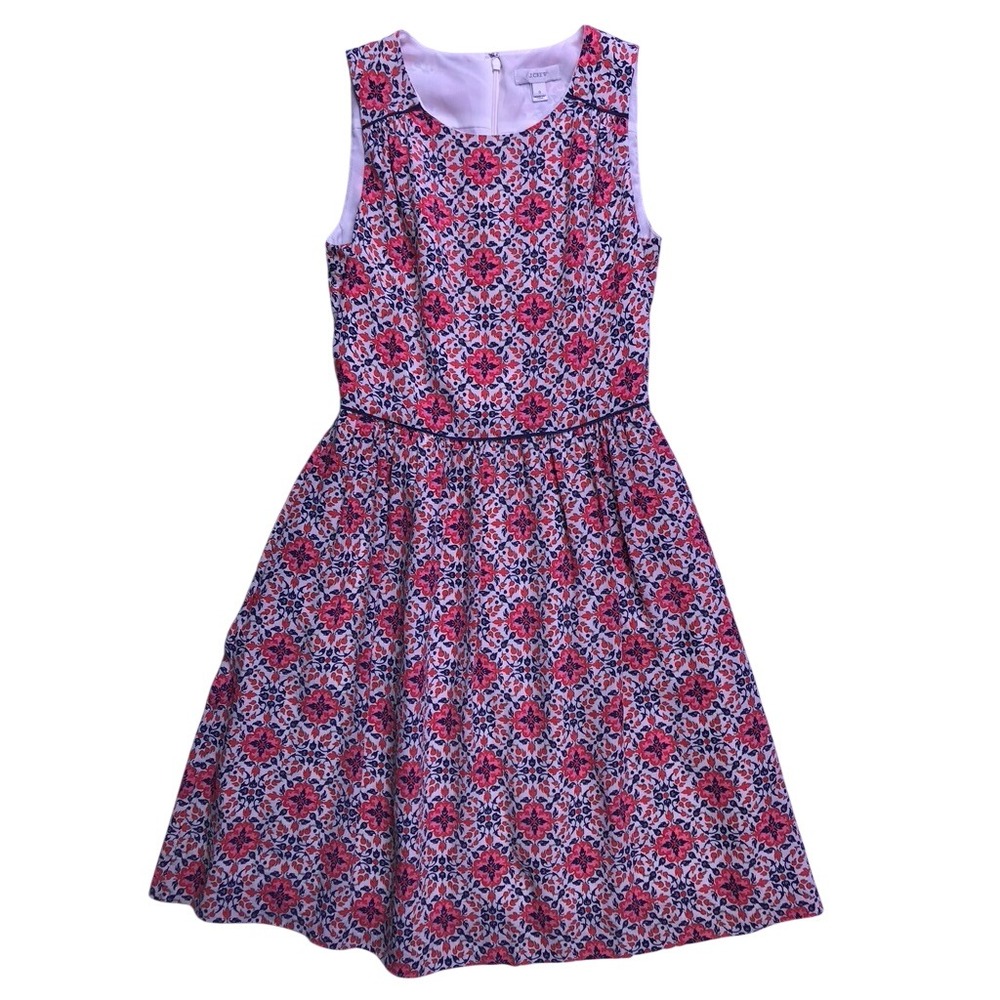 J.CREW Fit & Flare Dress Women 0 Pink Blue Floral Silk A8245 Summer